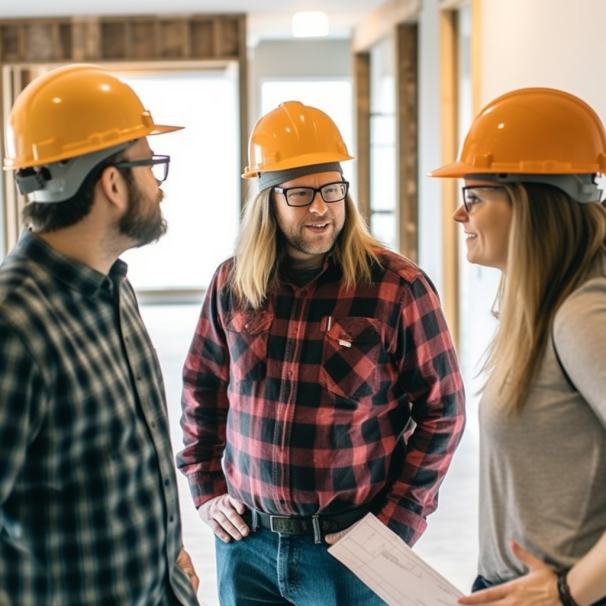 A couple discussing plans with a home builder at a construction site